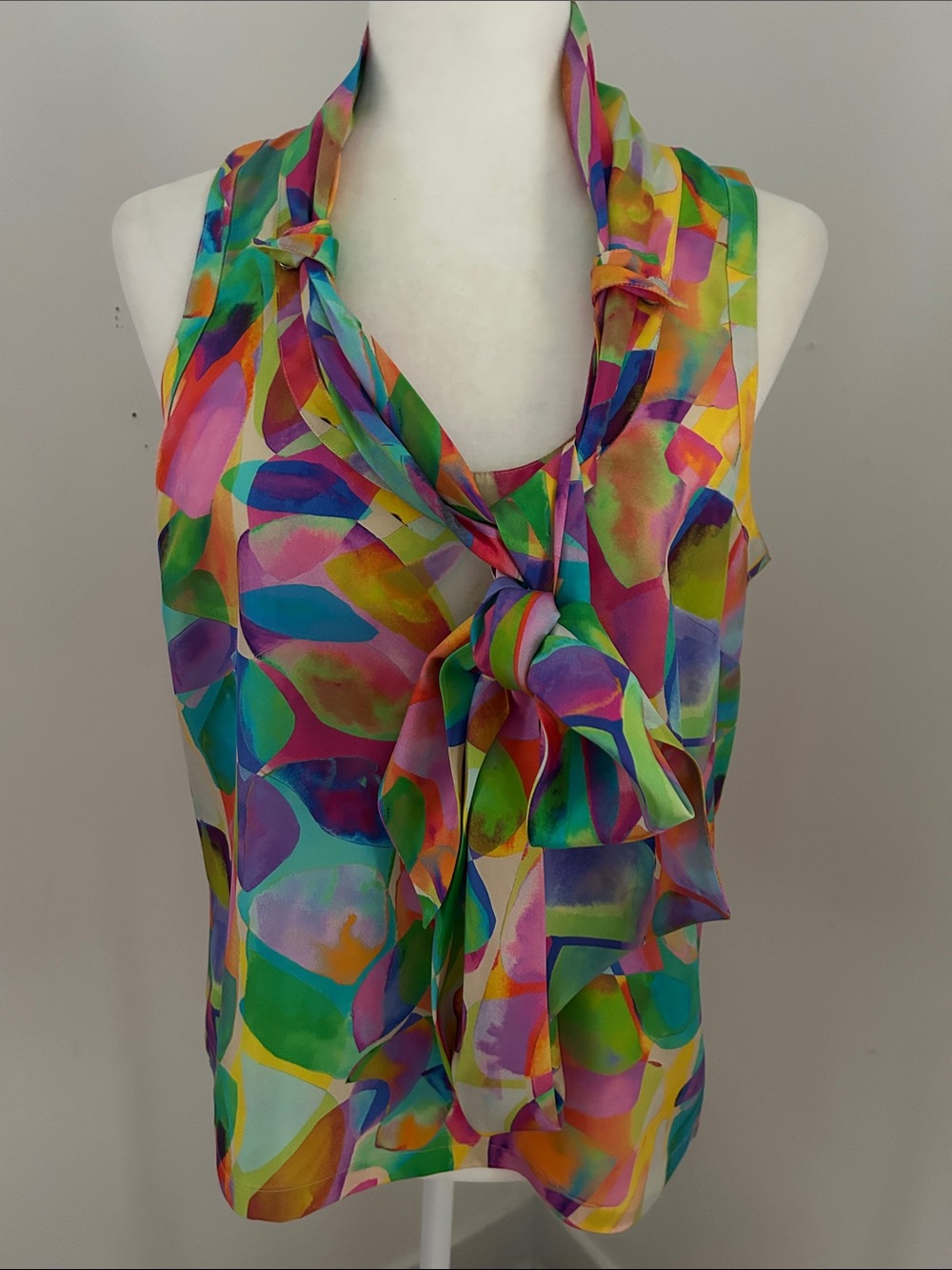 Per Se Multicolor Abstract Tie-Neck Sleeveless Silk Blouse sz 6